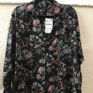 ZARA Black Green Purple Floral Long Sleeve Tunic